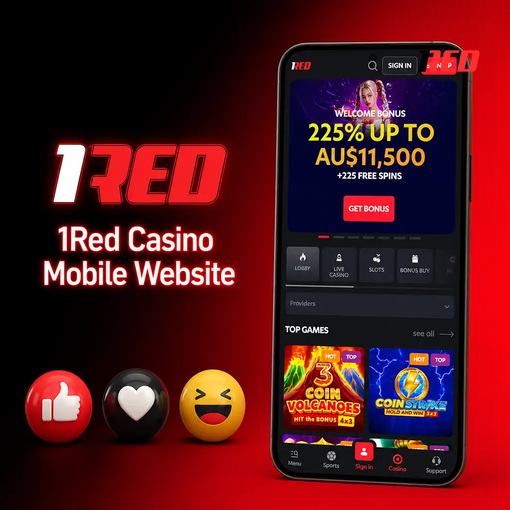 1Red Casino mobile website interface shown on a smartphone, displaying sports betting and live casino sections optimised for touchscreen use
