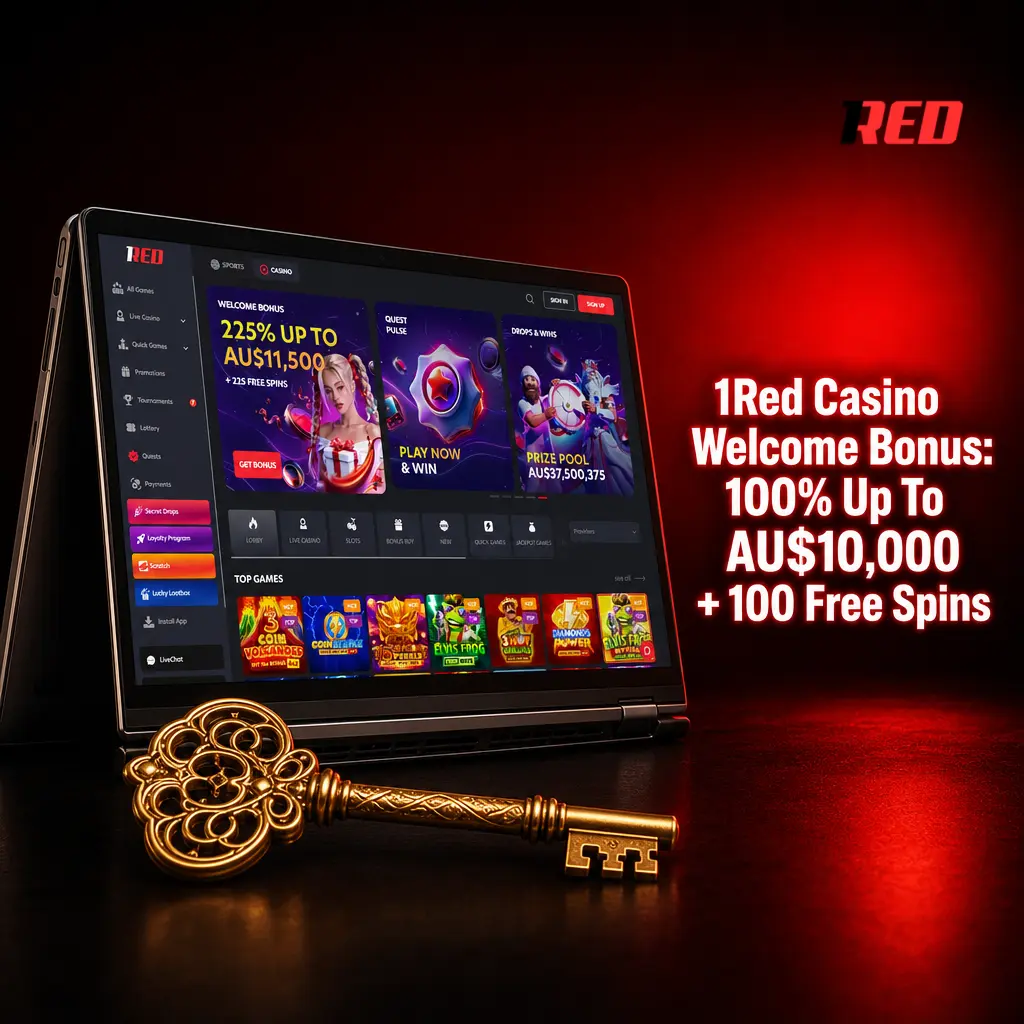 1Red Casino welcome bonus offering 100% match up to AU$10,000 plus 100 free spins for new Australian players