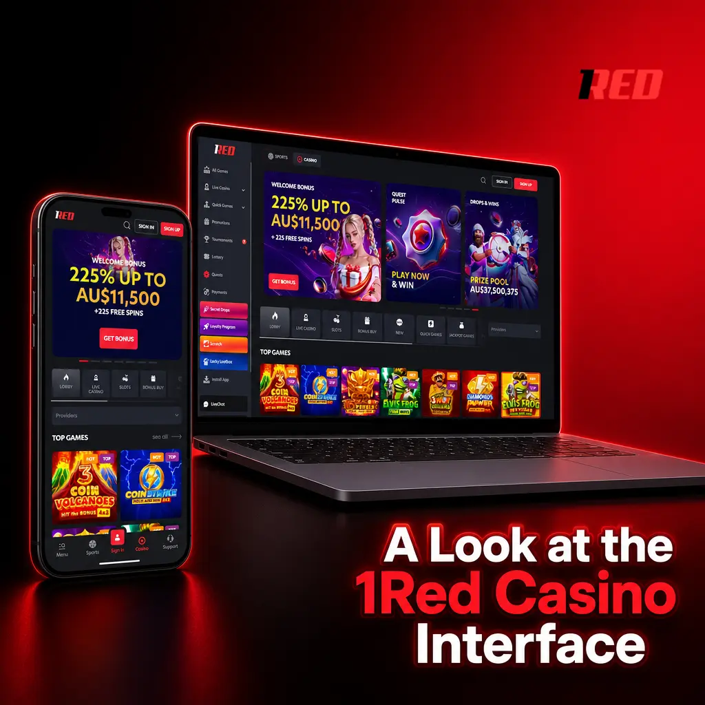 1Red Casino website interface showing top navigation bar with Sports, Casino, eSports and Promotions menu options