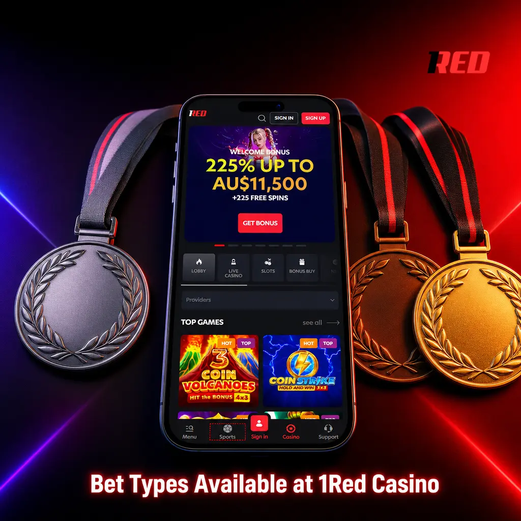 Bet types at 1Red Casino sportsbook including singles, accumulators, system bets, in-play, and handicap betting