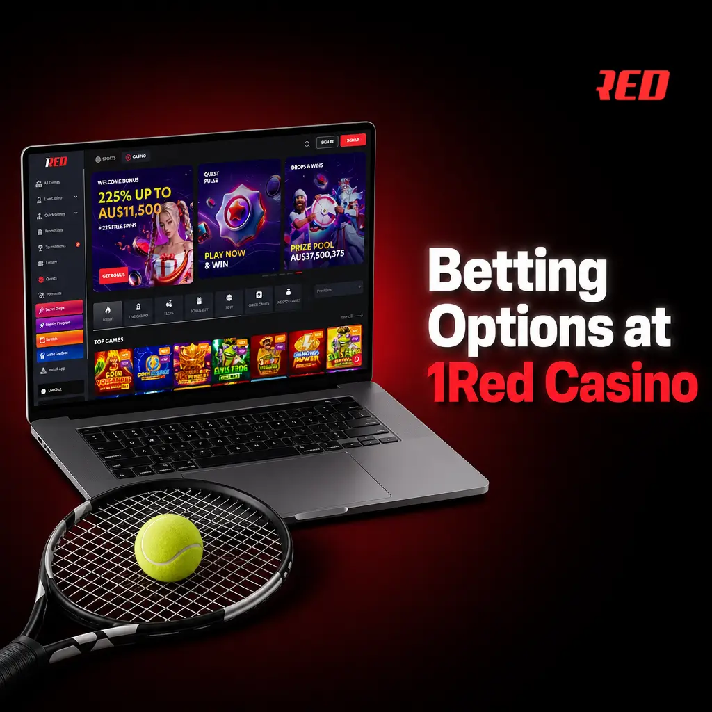 Betting options at 1Red Casino including pre-match, in-play, multi, same-game multi, and futures bets across 30+ sports