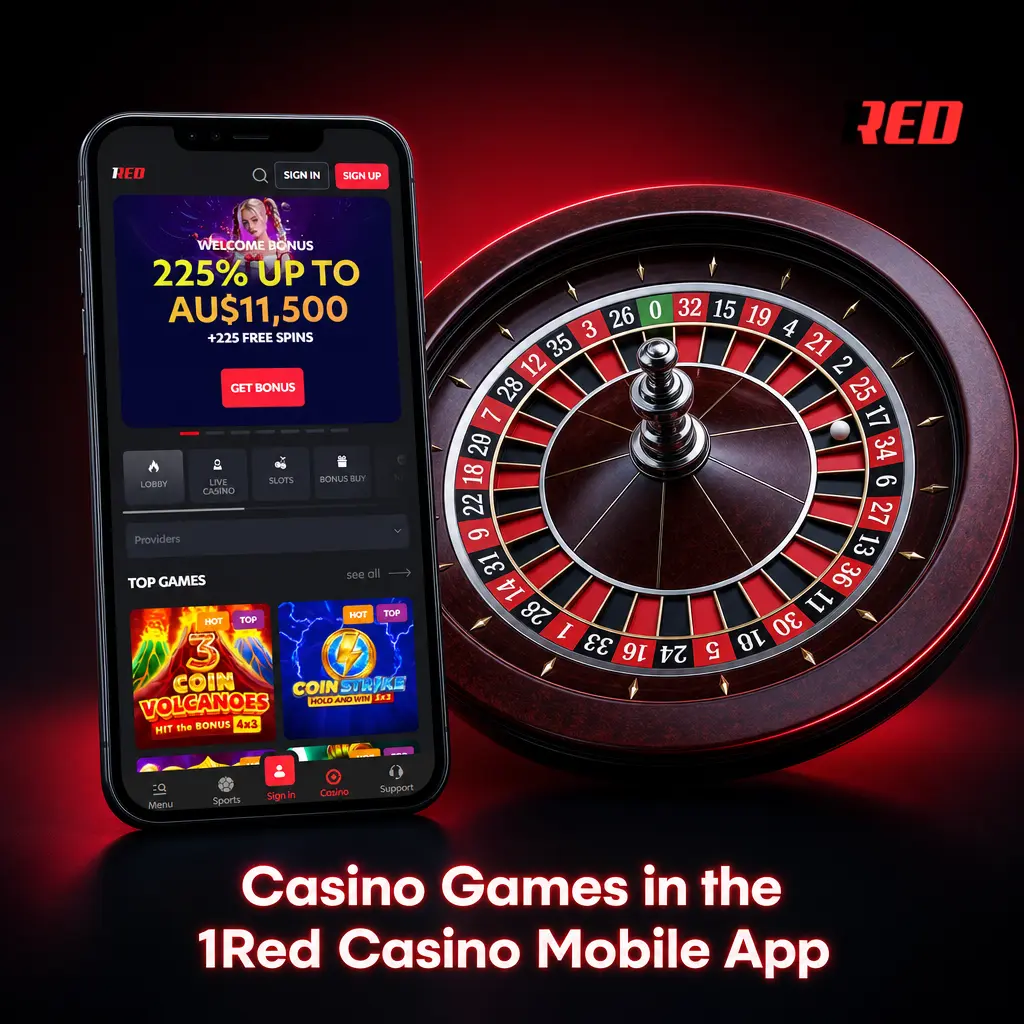 1Red Casino mobile app game lobby showing pokies, live dealer tables, and game shows from top providers like Evolution and Pragmatic Play