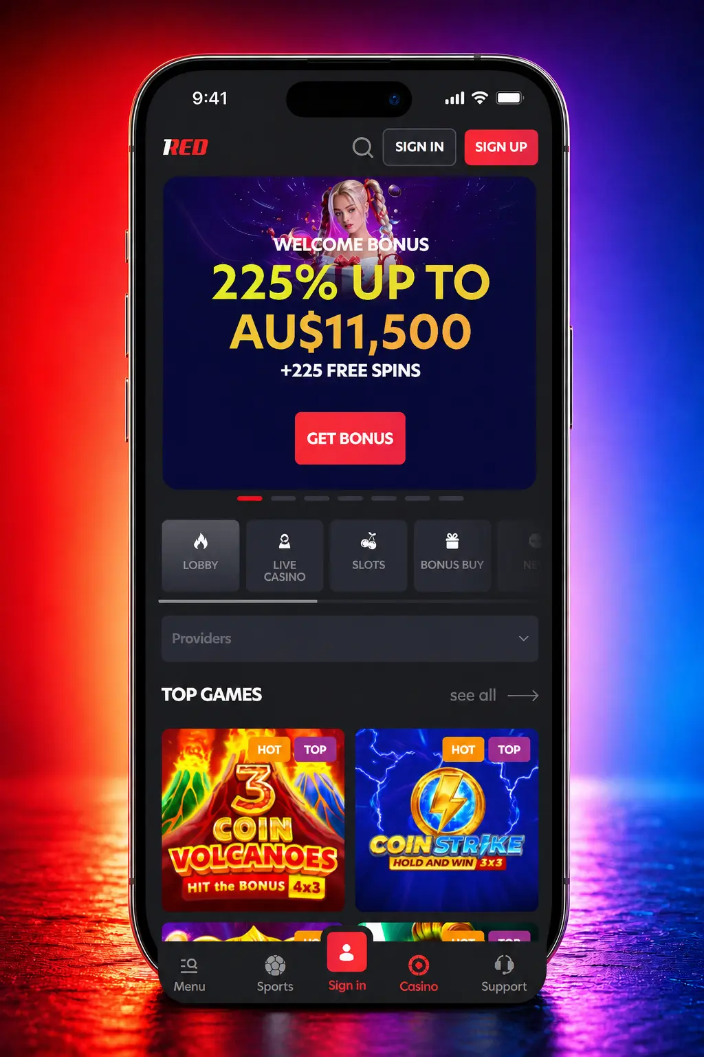 1Red Casino app withdrawal process showing Cashier menu, withdrawal tab, and payment method selection on mobile