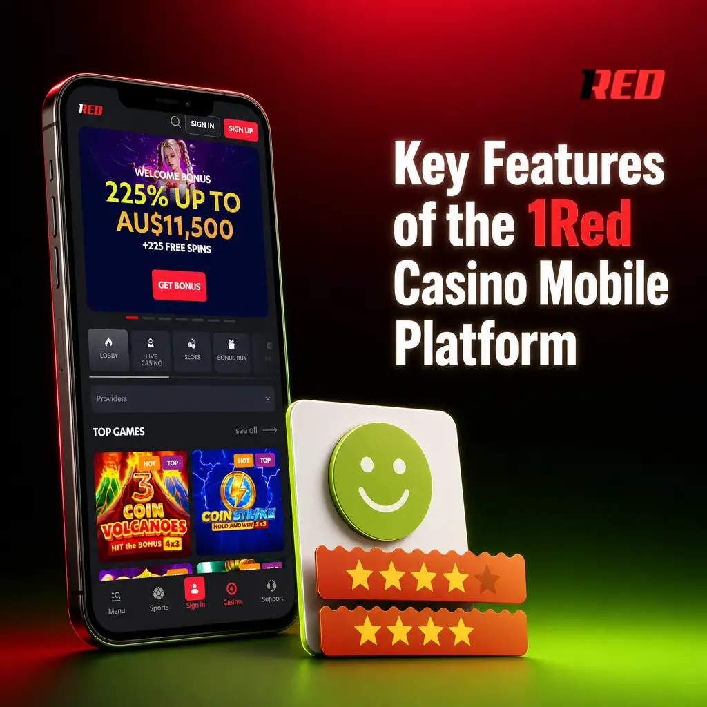 1Red Casino mobile platform key features for Australian players including AUD support, bonuses, and 3000+ games