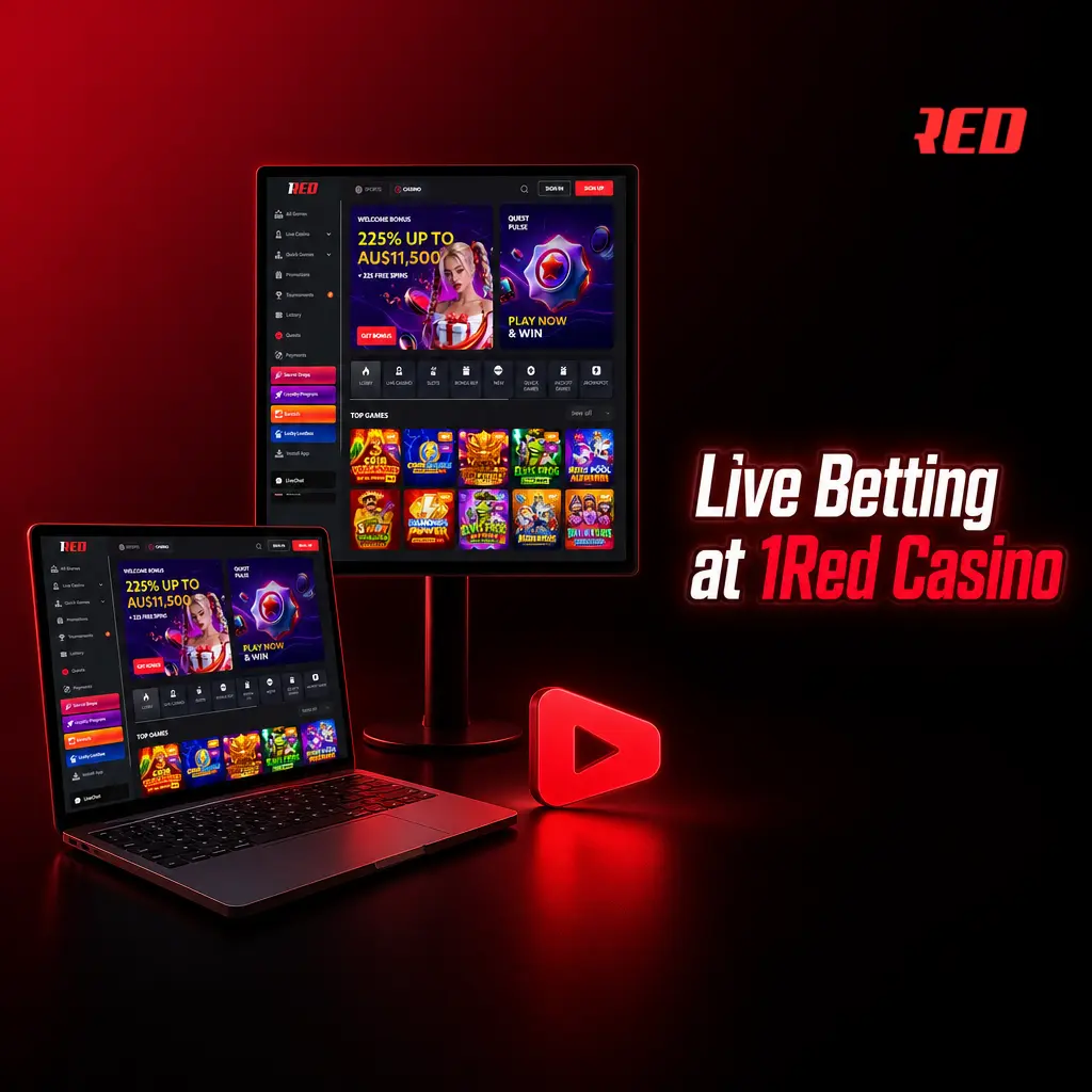 Live betting interface at 1Red Casino showing real-time odds for AFL, NRL, cricket, and tennis markets on mobile and desktop