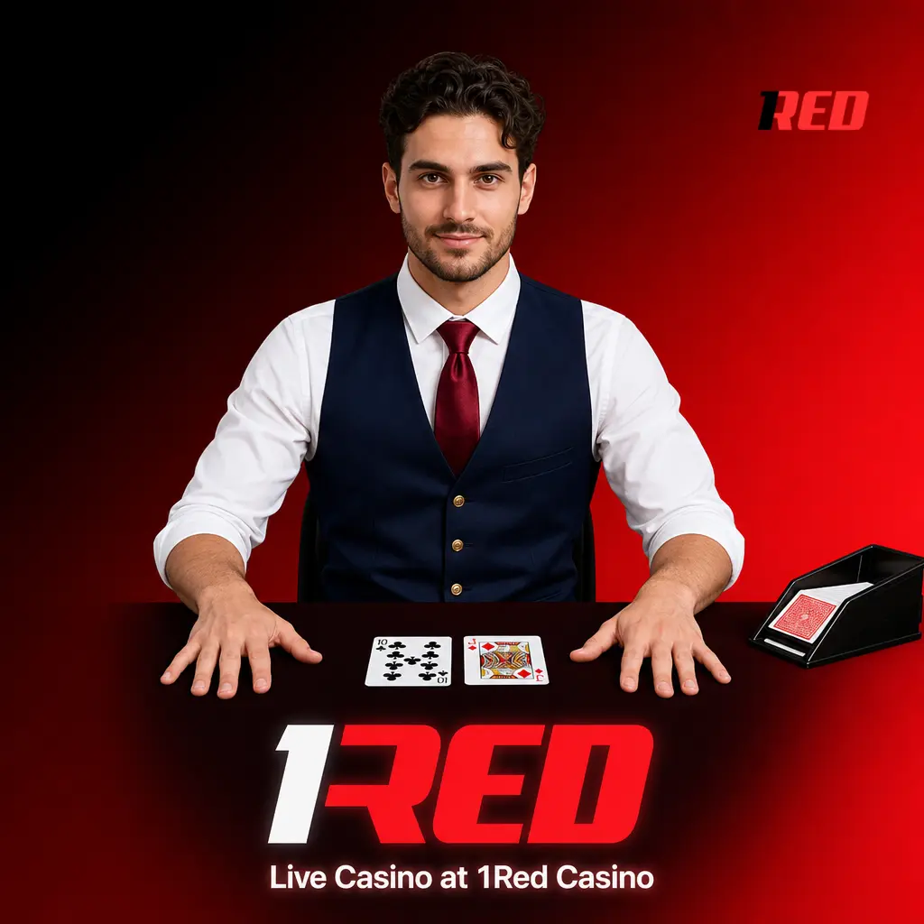 Live casino dealer at 1Red Casino streaming HD table games including blackjack, roulette, baccarat and game shows
