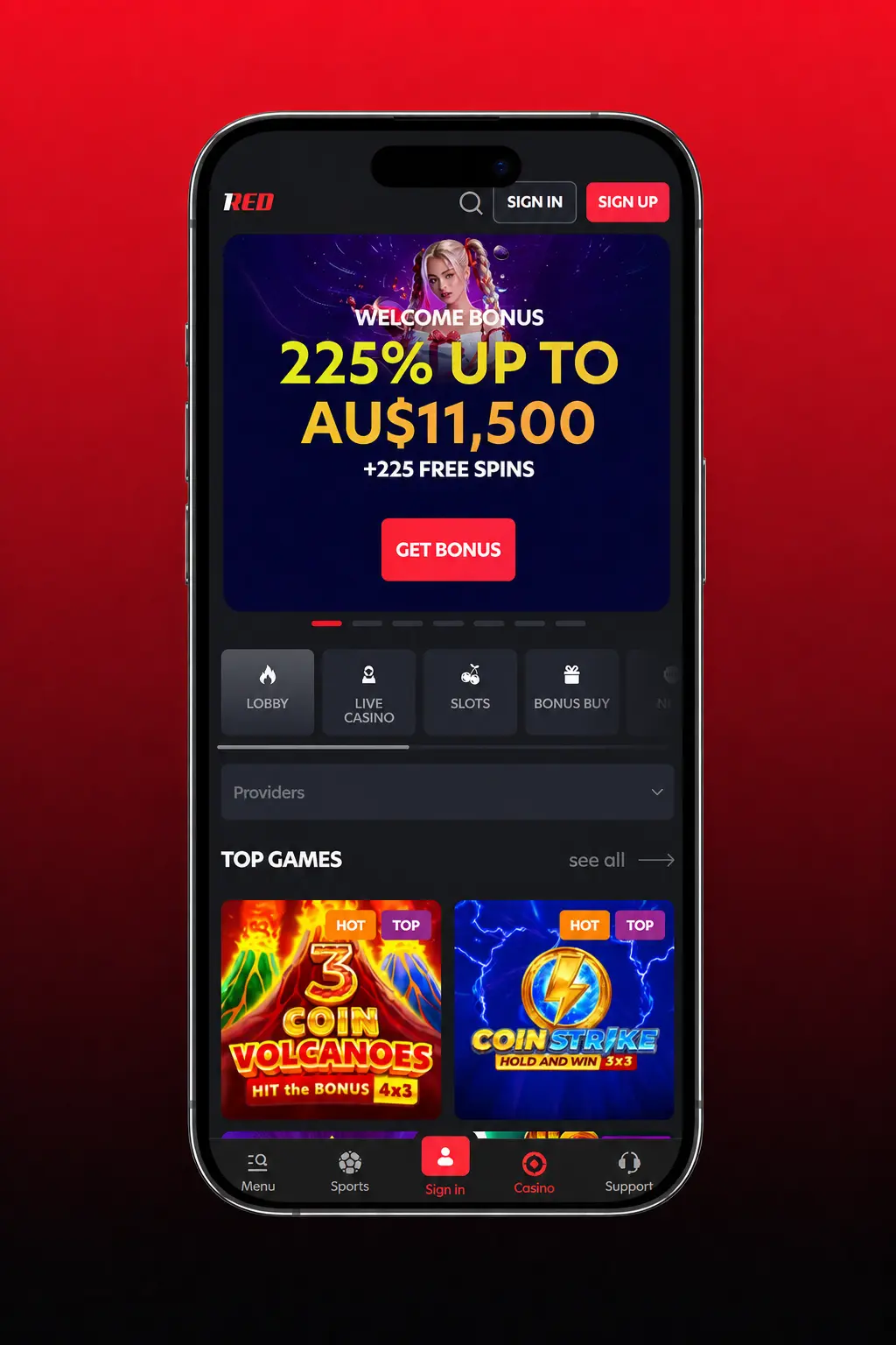1Red Casino sportsbook interface showing five steps to place a first bet for Australian players