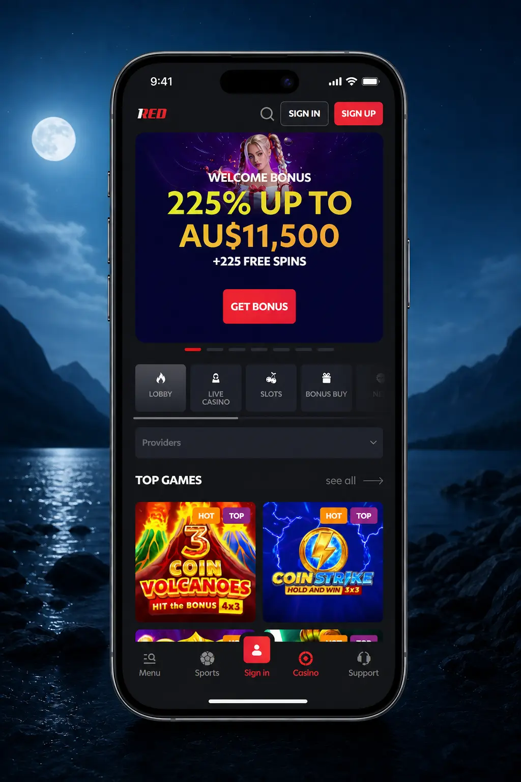 1Red Casino mobile site registration page showing the Sign Up screen for creating a new account