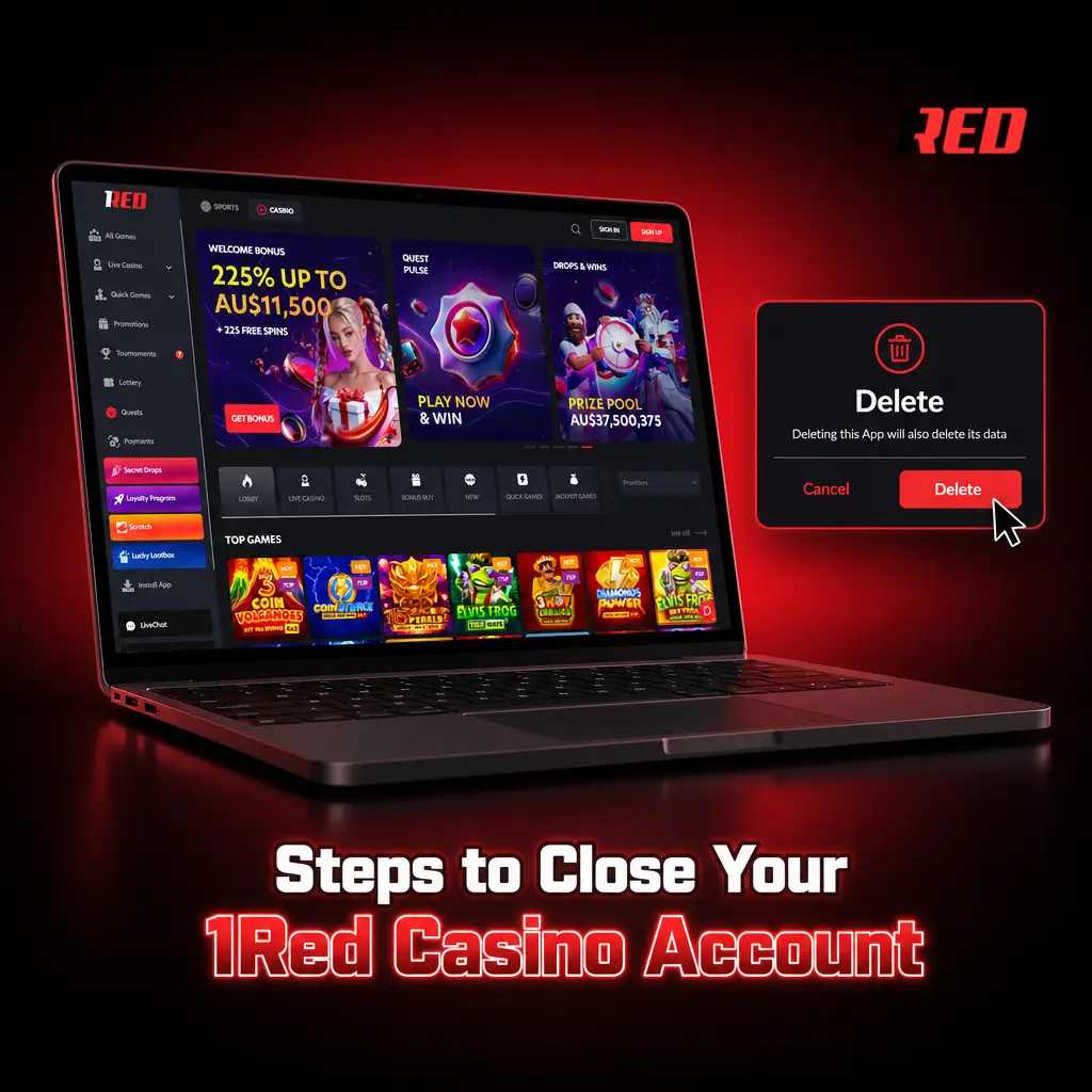 1Red Casino account closure steps showing settings menu with close account option and responsible gambling tools
