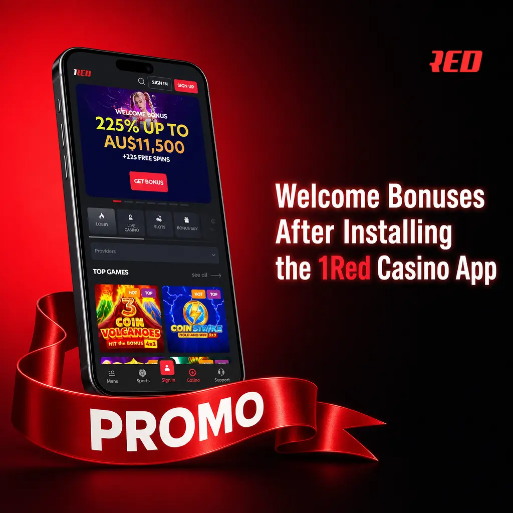 1Red Casino app welcome bonus showing 100% match up to AU$10,000 and 100 free spins for Australian players